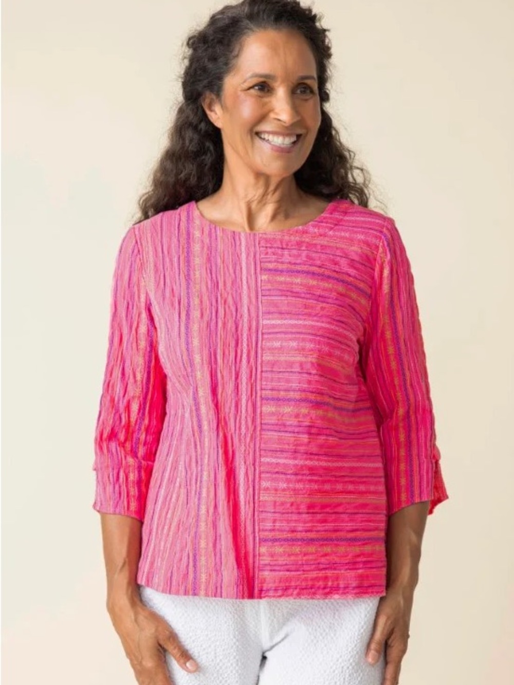 Habitat Baja Weave Button Back Mixed Direction Stripes Pullover Top Pink L